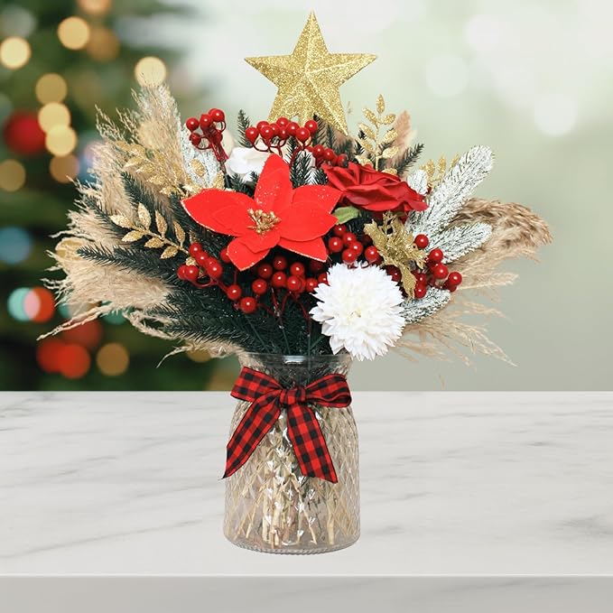 Christmas Centerpieces for Tables, Holiday Table Decor, 100pcs Christmas Floral Arrangements in Vase, Xmas Decorations for Coffee Kitchen Dining Table, Artificial Poinsettia Red Berry Pine Branches