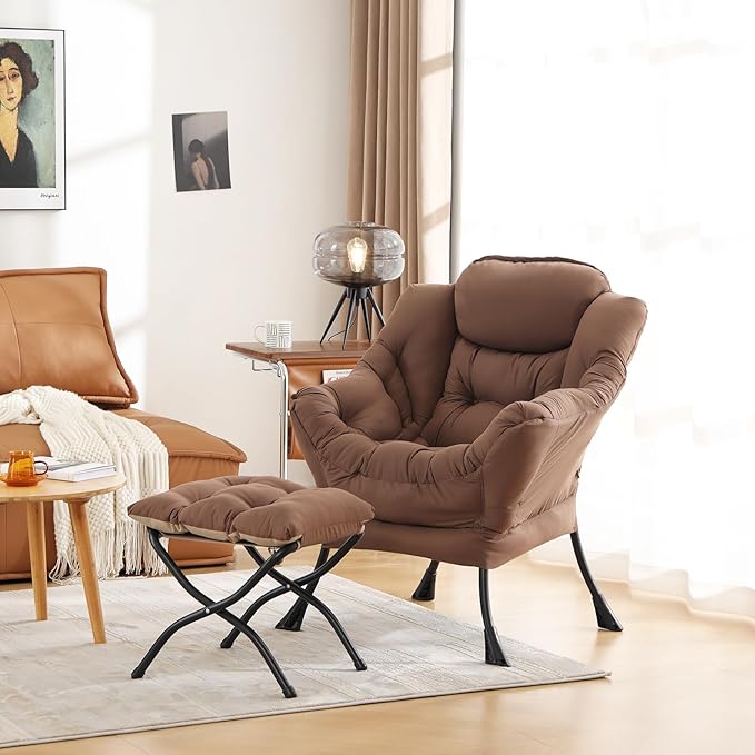 Cozy Lazy Chair and Ottoman, Large Contemporary Accent Lounge Chair Set, Leisure Upholstered Reading Armchair for Bedroom, Living Room, Dorm Rooms, Office