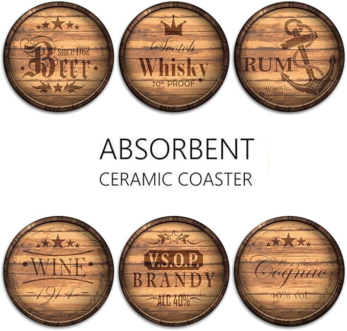 Britimes Set of 6 Coaster for Drinks Absorbent with Cork Base, Metal Holder, Round Wooden Stone Drink Mat for Coffee Wood Table, Gift for Birthday, Farmhouse Housewarming Room Bar Decor Retro 2