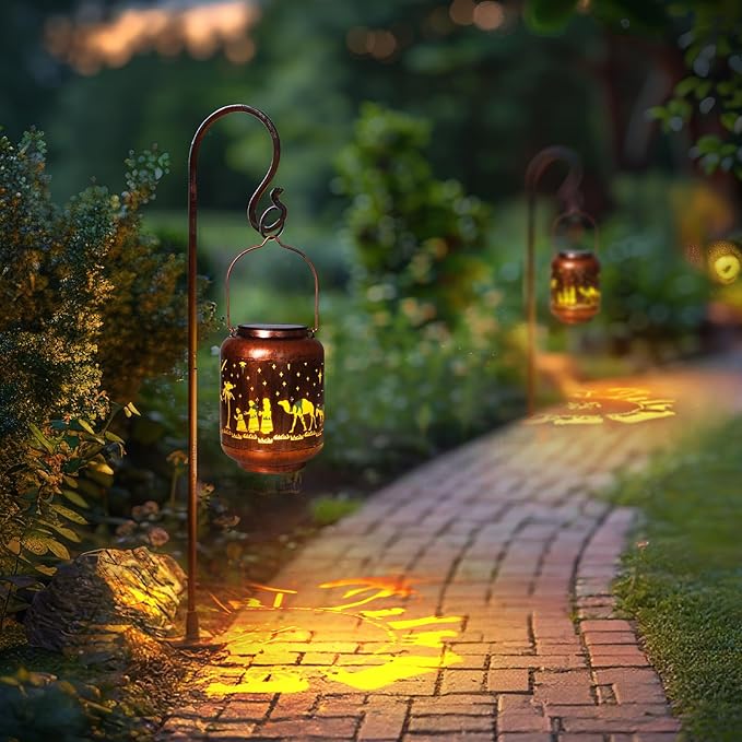 Homemory Solar Lanterns Christmas Nativity Scene Lights Outdoor Waterproof Garden Decor Women Gifts for Birthday, LED Hanging Solar Lights Metal Lantern Decoration Outside for Yard, Patio, Porch