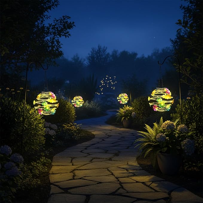 2 Pack Solar Lanterns Outdoor Waterproof , 30LED Hanging Lights with Flower Patterns for Garden Patio Yard Decor, Gift for Grandma Gardeners Women