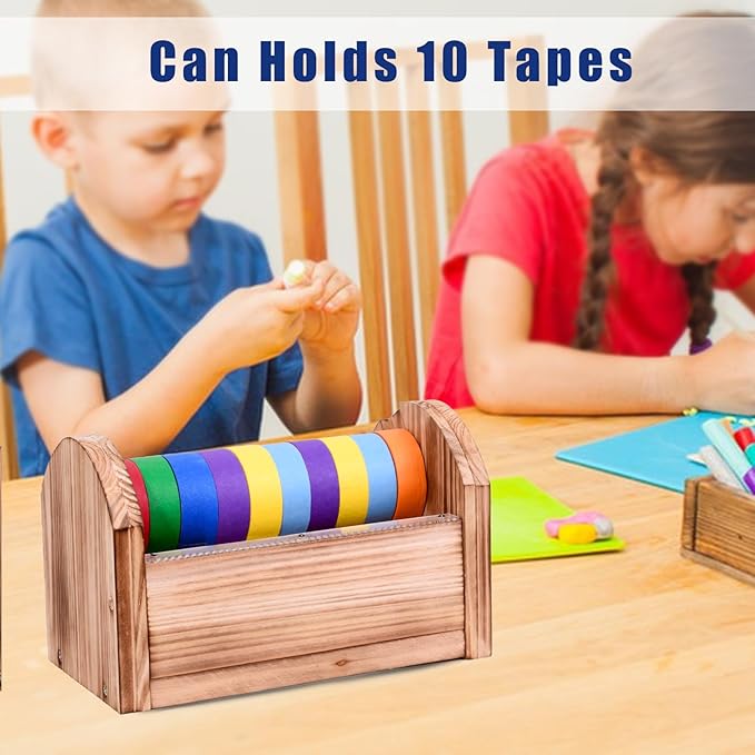 Masking Tape Dispenser - Wood Craft Tape Dispenser for Kids, Multi Tape Dispenser Multi Roll Tape Holder Tape Cutter for Gift Wrapping, Gift for Children Office Home School (Sawtooth)