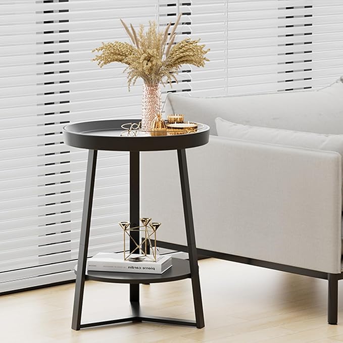 Gadroad Round End Table with Storage Shelf, 2 Tier Farmhouse Side Table Nightstand for Living Room, Bedroom, Wood Tabletop & Black Metal Frame, Black 15.7 * 15.7 * 23.0inches