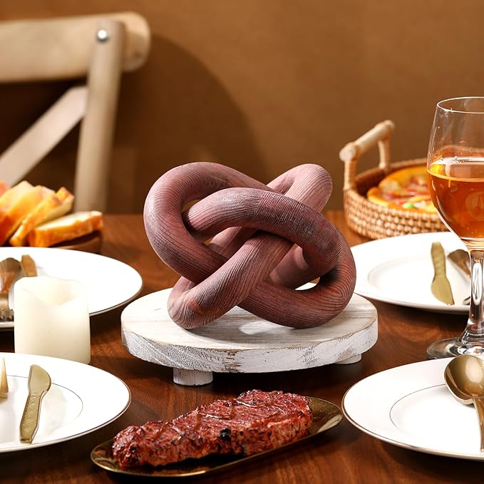 3 Link Wood Knot Decor - Hand Carved Coffee Table Decoration, Boho Chain Link Decor, Modern Shelf, Rustic Objects for Home Living Room Bedroom(Brown)