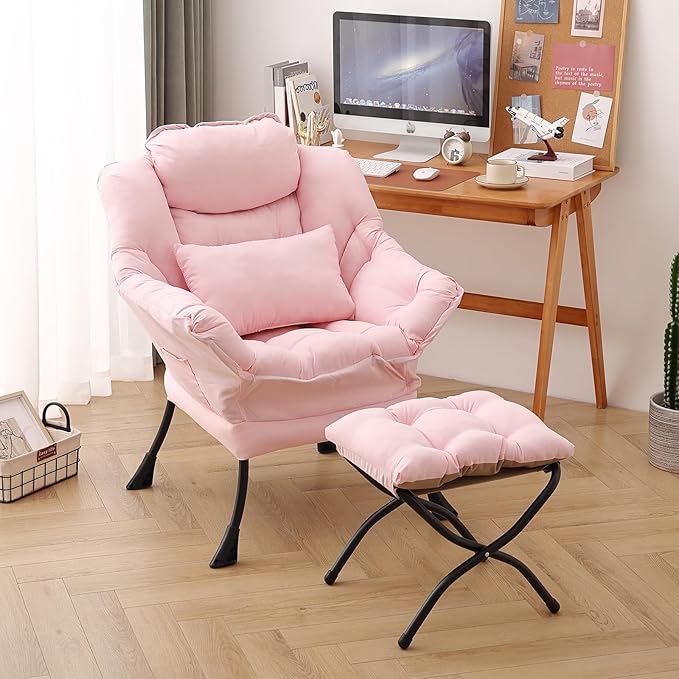 Lazy Chair with Ottoman, Modern Accent Chair with Lumbar Pillow, Comfy Chairs with Folding Footrest for Bedroom, Reading, Oversized Supportive Lounge Chairs(Pink)