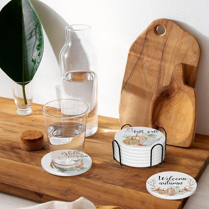 Fall Drink Absorbent Coasters with Holder Set of 6, Ceramic Stone with Cork Base, Autumn Watercolor Orange Pumpkin Pattern Coaster for Drinks, Gift for Housewarming Room Bar Home Decor Kitchen