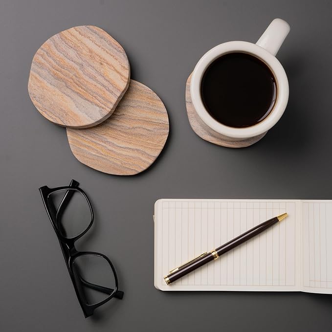 Cork & Mill Absorbent Coasters Set of 6 - Water Absorbing Sandstone Coasters for Drinks - Perfect for Coffee Table, Office Desk, Outdoor, Bedroom Nightstand - 4" Round - Unique Irregular Edge Design