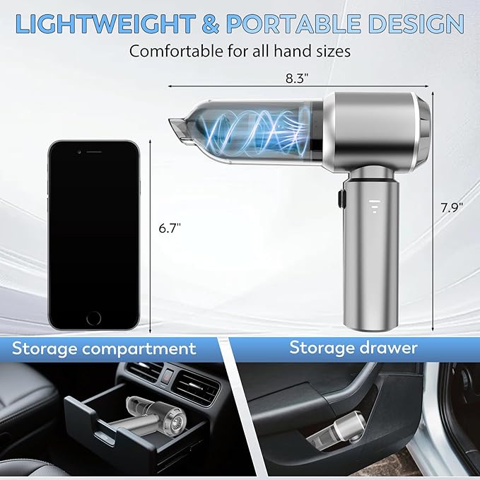 Mini Car Vacuum Cleaner, 4 in 1 Cordless Vacuum Cleaner, 22000PA High Power Portable Car Vacuum with Brushless Motor, for Home, Office, Camping (Gray Silver)