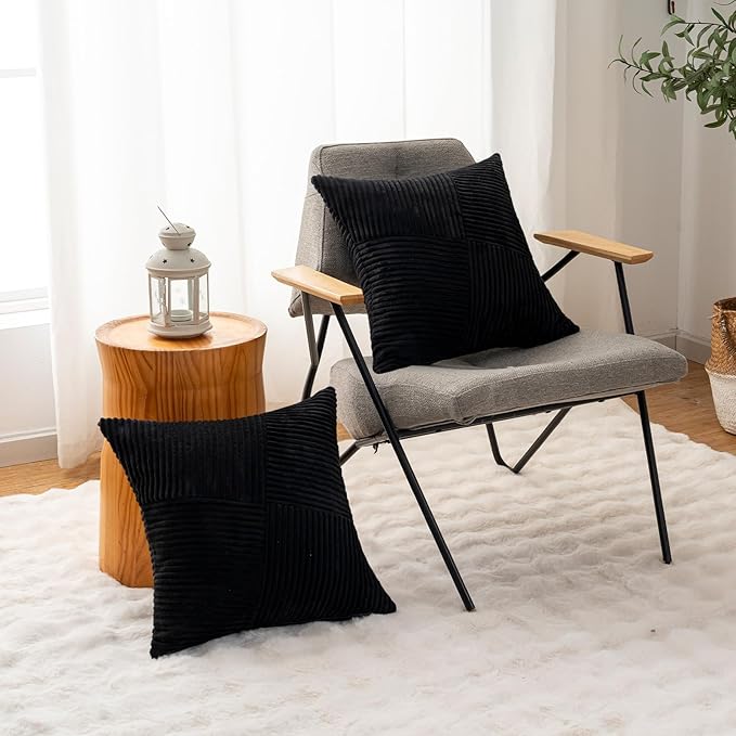 Decorative Throw Pillow Covers 20x20 Inch Set of 2 for Boho Living Room Farmhouse Home Decor, Spring Pillow Covers for Couch Bed, Soft Corduroy Striped Patchwork Cushion Cases, Black