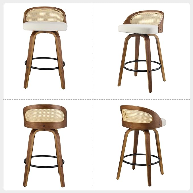 26 inch Swivel Bar Stools with Back, Set of 2 Mid-Century Modern Counter Stools, Beige Soft Textured Fabric Seat with Walnut Frame and Footrest for Kitchen Island & Dining Area