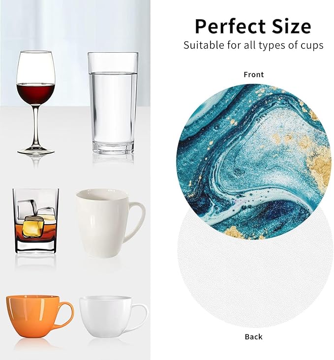 Ocean Gold Blue Marble Coasters Set of 6 Coasters for Drinks Absorbent Double-Sided Leather PVC Coaster for Tabletop Protection Coffee Table Decor Ideal for Home Decor House Warming Gifts