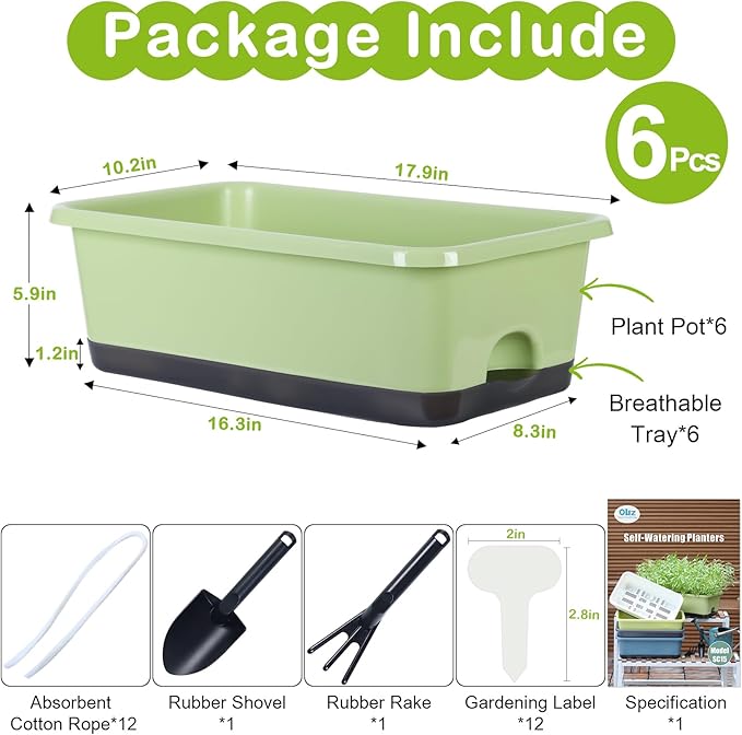 Window Box Planter 6 Pcs, 17 Inches Rectangle Flower Pots with Drainage Holes and Trays, Vegetable Planters for Windowsill Patio Garden Balcony Home Indoor Outdoor (Light Green, 18*10*6 inch)