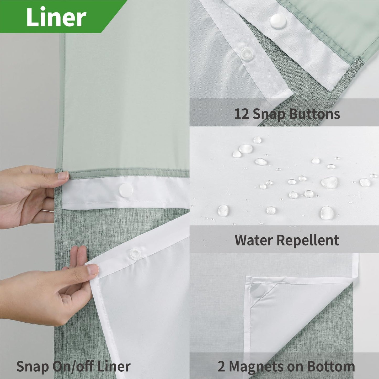 Stall No Hooks Needed Linen Textured Shower Curtain with Snap-in Fabric Liner Set,Hotel Luxury Decor Farmhouse Shower Curtains for Bathroom,Waterproof & Washable,54Wx80H,Sage Green