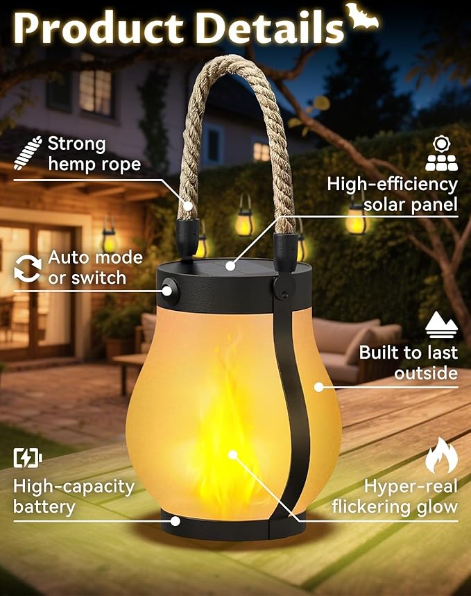 Kaliqo Solar Lanterns Outdoor Lights, Hemp Rope Flame Lights, Dancing Flame Solar Lights,It is Suitable for Outdoor Camping, Home Garden Decoration, Etc. (4pcs)