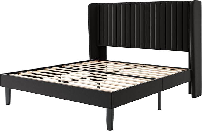 SHA CERLIN Queen Size Velvet Bed Frame with Vertical Channel Tufted Wingback Headboard, Upholstered Platform Bed with Wood Slats, No Box Spring Needed, Easy Assembly, Black