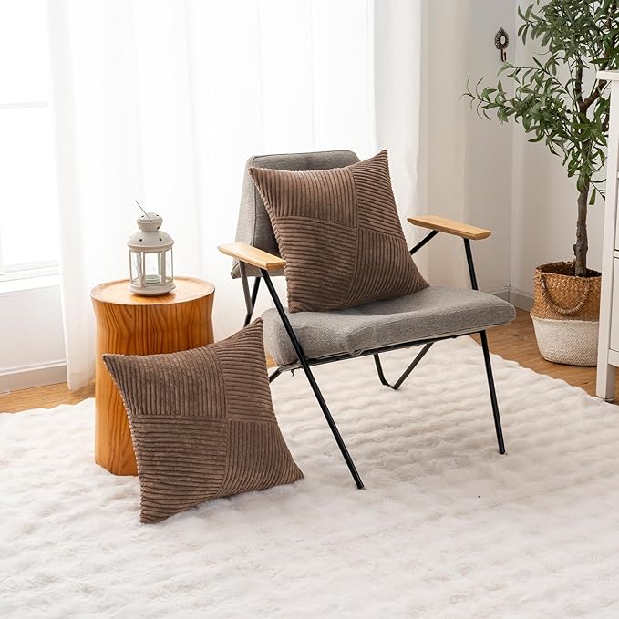 Decorative Throw Pillow Covers 18x18 Inch Set of 2 for Boho Living Room Farmhouse Home Decor, Spring Pillow Covers for Couch Bed, Soft Corduroy Striped Patchwork Cushion Cases, Terracotta