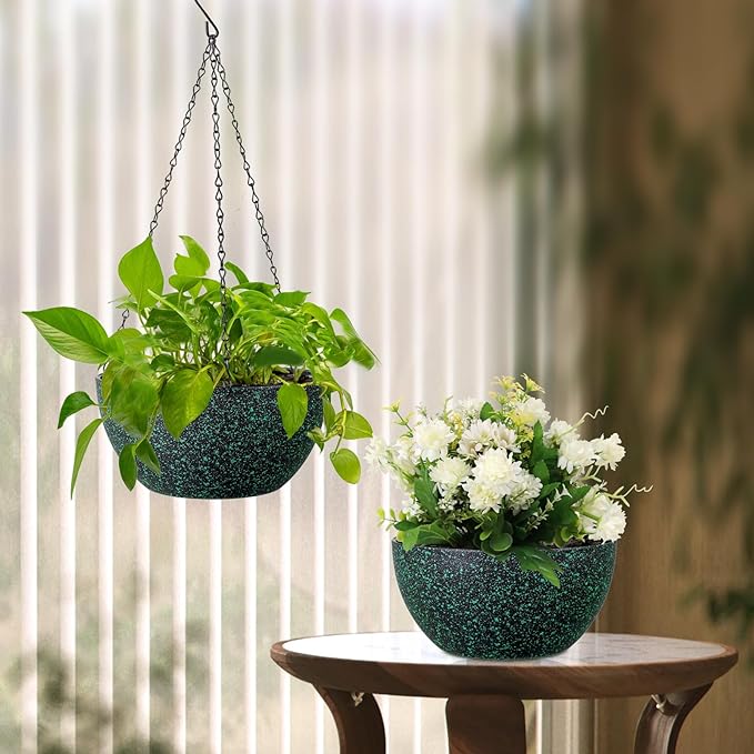 12 inch Large Hanging Planters for Indoor Outdoor Plants, 2 Pack Hanging Flower Pots with Drainage Holes and Chain, Plastic Hanging Baskets for House Plants, Black with Green Speckles