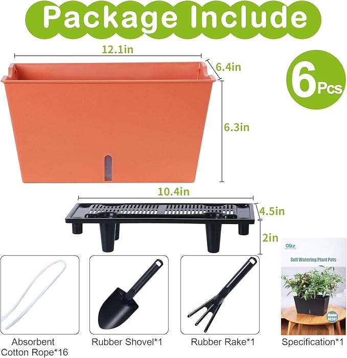 Window Box Planter 6 Pcs, 12.6 Inches Self Watering Rectangle Flower Plant Pots with Drainage Holes & Breathable Trays, Vegetable Planters for Windowsill Patio Garden Balcony Porch Yard (Orange)