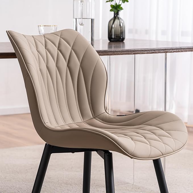 YOUNIKE Dining Chairs Set of 2, Upholstered Leather Kitchen Dining Room Chairs, Modern Living Room Chairs with Wide Curved Back and Metal Legs, Khaki Taupe