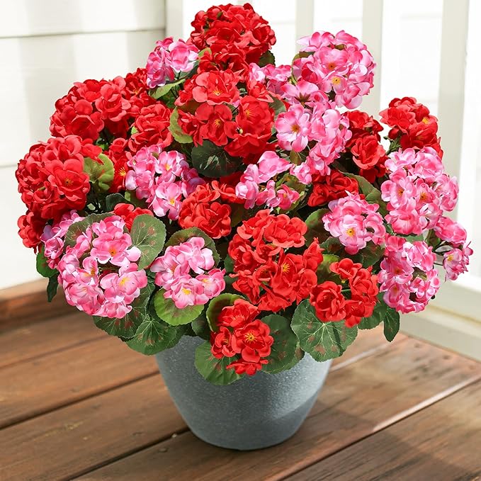 Artificial Geraniums Fake Flowers for Outdoors Decoration, 6 Bundles Silk Geraniums Flower UV Resistant Look Real Faux Plants for Front Door Garden Porch Planter Patio Balcony Yard Indoor Home, Mix