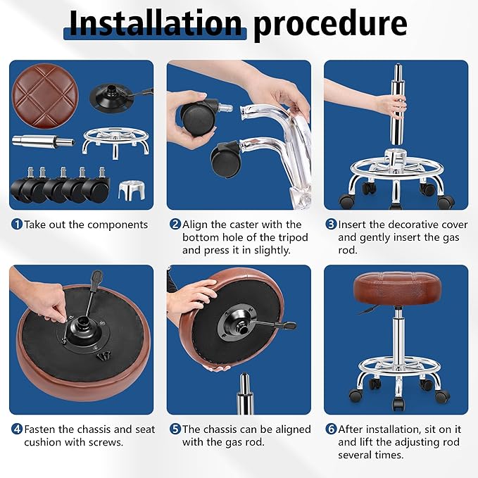 Rolling Stool with Wheels, PU Leather Small Office Chair with Foot Rest,Versatile Adjustable Swivel Stool for Tattoo Massage Salon Spa Teach Medical Facial Office Home Work Kitchen