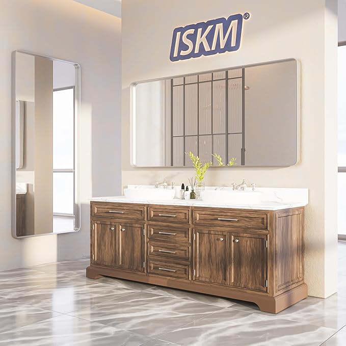 ISKM Metal Silver Frame Mirror - 48 x 36 Inch Stainless Steel Vanity Mirror for Bathroom, Non-Rusting Aluminum Alloy Matte Frame, Hangs Horizontal or Vertical