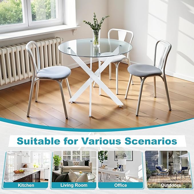 Dining Table for 4 Modern Round Dining Table 35.43" Kitchen & Dining Room Tables with Metal Legs and Glass Tabletop for Dining Room and Apartment, White