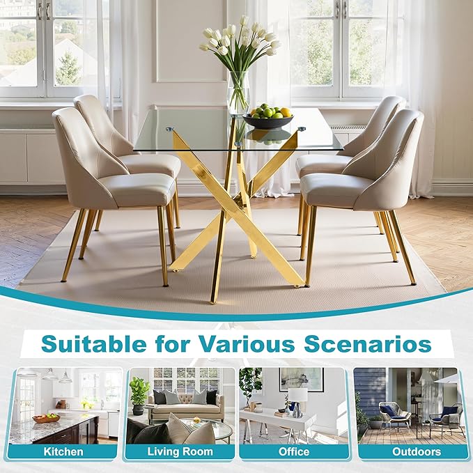 Dining Table for 4 Modern 35.43" Rectangular Glass Dining Table Kitchen & Dining Room Tables with Metal Base for Dining Room and Apartment, Golden