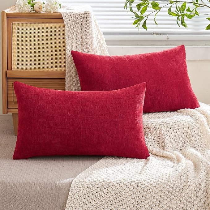 MIULEE Red Couch Pillow Covers 12x20 Inch, Set of 2 Soft Chenille Decorative Lumbar Throw Pillow Covers Christmas Farmhouse for Sofa Living Room Bed