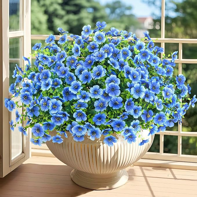 20 Bundles Artificial Flowers for Outdoors Decoration Fake Silk Flowers UV Resistant Faux Plants Artificial Daisy Eucalyptus for Spring Summer Garden Yard Porch Window Home Decor, Blue