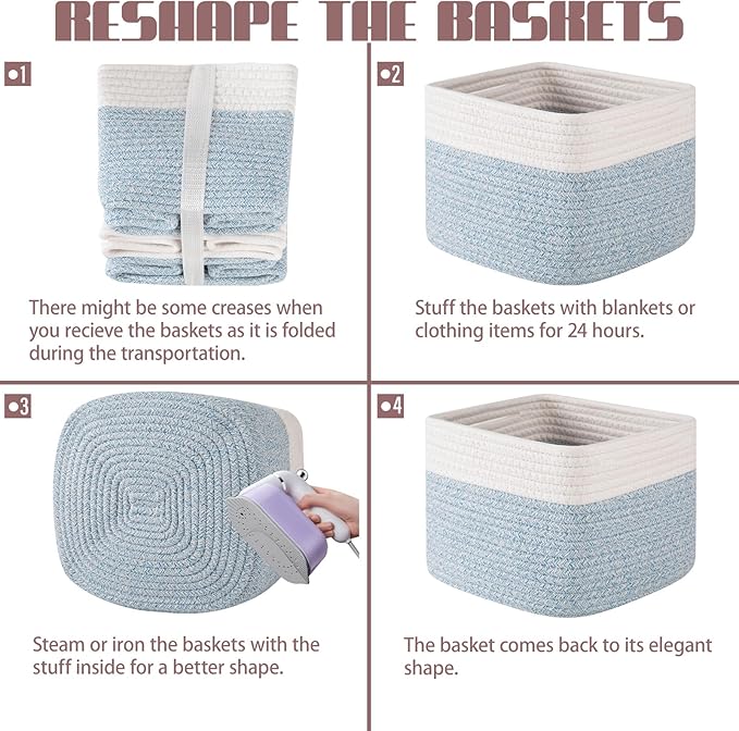 OIAHOMY 9”x9”x7” Storage Cubes, Cotton Rope Woven Baskets for Organizing, Cube Storage Bin, Small Gift Basket for Shelf, 3-Pack, Blue&White