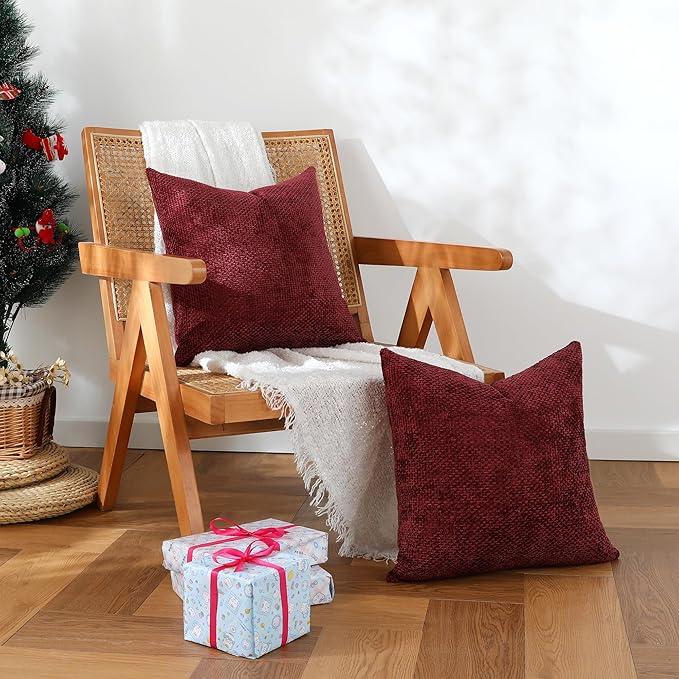 Stellhome Pack of 2 Woven Textured Decorative Throw Pillow Covers Soft Chenille Accent Luxury Cushion Cases for Living Room Couch Bed Sofa Farmhouse Boho Home, 16x16 inch, Burgundy