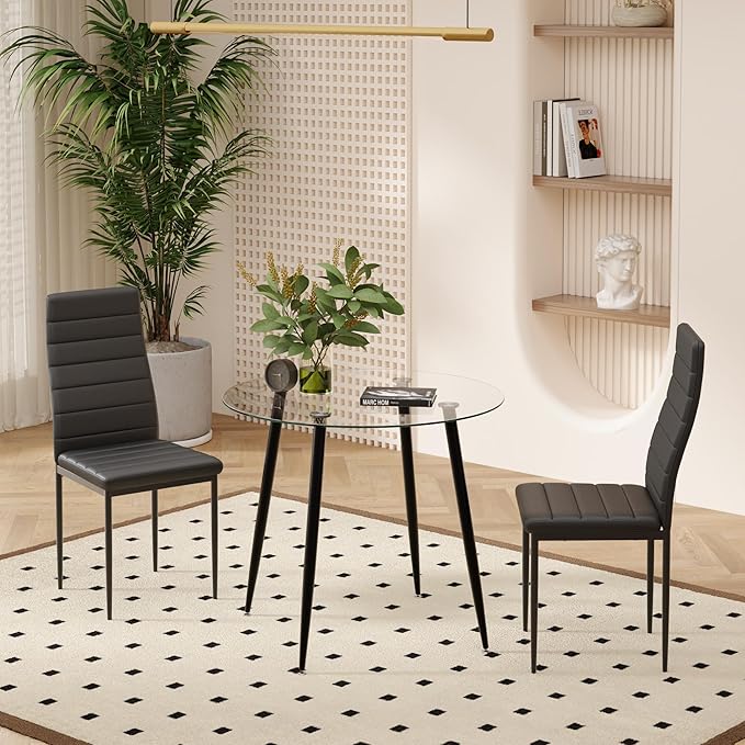 Tempered Glass Dining Table 32 Inch Round Kitchen Table with Black Metal Legs Modern Dinner Table for Dining Room Kitchen Small Space