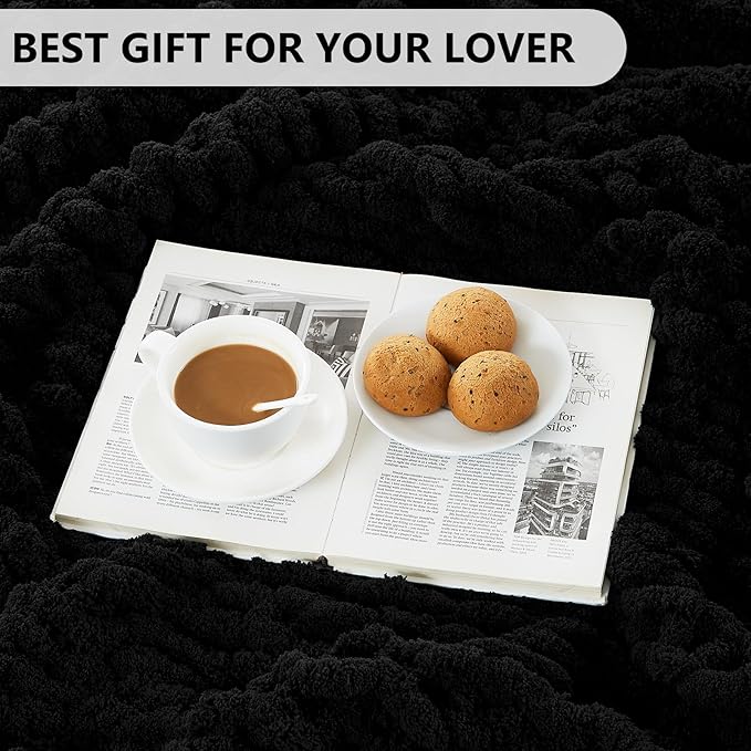 L'AGRATY Chunky Knit Blanket Throw: 80''x90'' Chenille Chunky Knitted Throw Blanket for Bed Couch - Handmade Thick Big Cable Knit Blanket - Large Chunky Crochet Rope Blanket for Home Decor(Black)