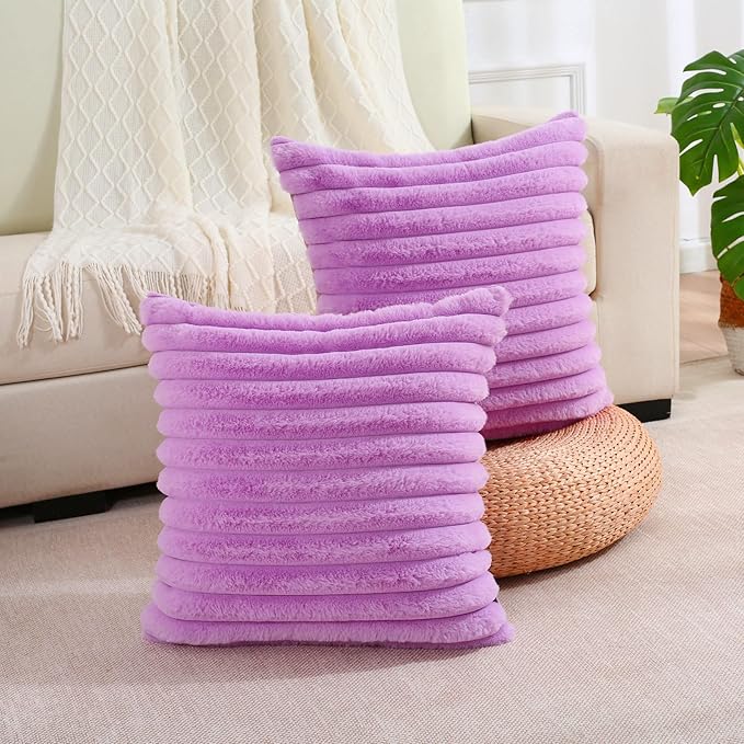 FUTEI Purple Striped Decorative Throw Pillow Covers 14x14 Inch Set of 2,Square Fall Decorations Couch Pillow Case,Soft Cozy Faux Rabbit Fur & Velvet Back,Modern Home Decor for Bed