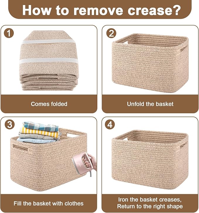 Storage Baskets for Organizing, Woven Decorative Baskets for Shelves - Books, Towels, and Clothes, Cotton Rope Toy Storage Bins, 12.7''Lx9''Wx7.8''H, Pack of 4, Brown