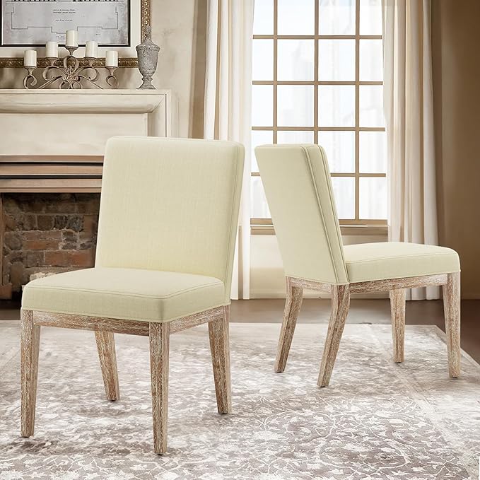 Wooden Dining Chairs Set of 2, Modern Fabric Upholstered Dining Room Chair, Kitchen Side Chairs, Farmhouse Dinner Chair with High Back for Kitchen, Beige