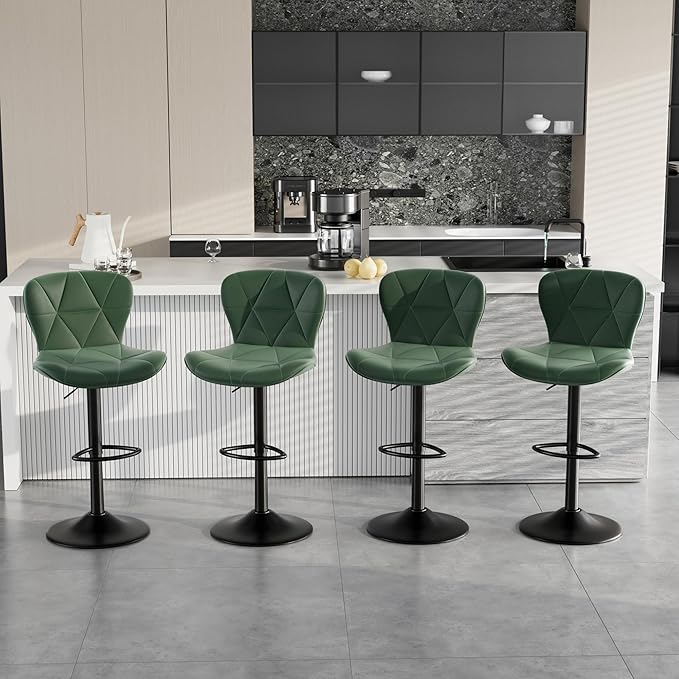 Bar Stools Set of 3,Adjustable Swivel Barstools, Faux Leather Bar Chairs,Upholstered Counter Height with High Backrest for Kitchen Island, Green