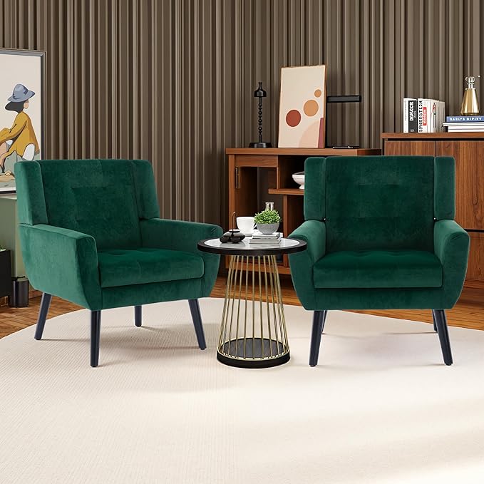 NicBex Accent Chair Set of 2, Modern Chair for Living Room Upholstered Foam Filled Living Room Chairs with Metal Legs Velvet Cozy Lounge Armchair for Living Room Bedroom,Retro Green