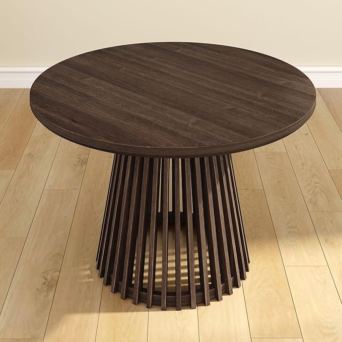 Plank+Beam Lido Round Dining Table, 47", Wooden, Pedestal, Minimalist Kitchen Table for 4 for Dining Room, Walnut