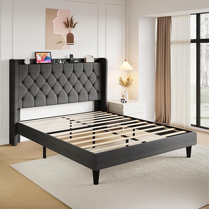 SHA CERLIN Full Size Platform Bed Frame with Charging Station, Velvet Wingback Headboard with Storage shelf, Wooden Slats Support, Ample Under-Bed Space, No Box Spring Needed, Easy Assembly, Dark Grey