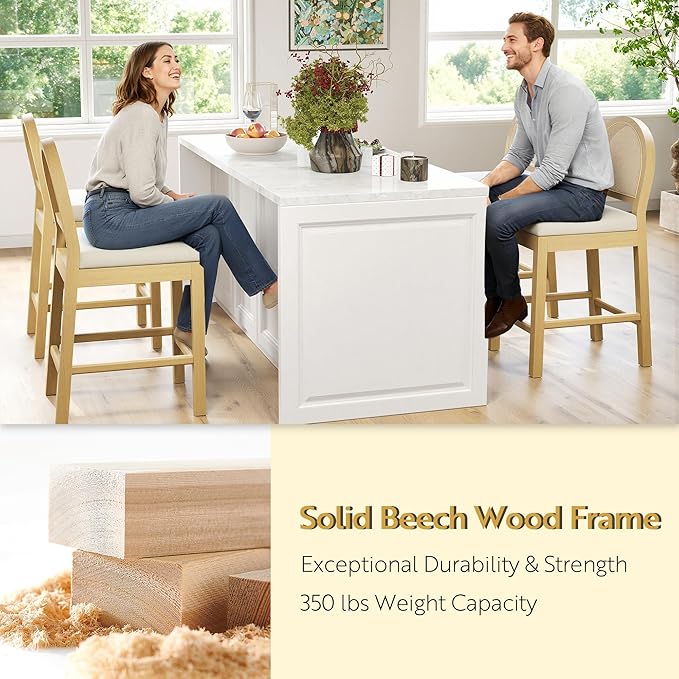 STHOUYN Upholstered Rattan Bar Stools Set of 2, Wooden Counter Height Stools with Natural Rattan Woven Back and Chenille Seat, Mid-Century Modern Island Chairs Barstools for Kitchen (2, Cream White)