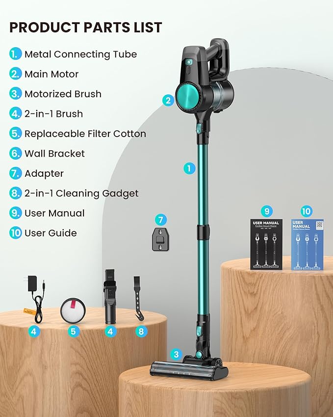 N3T Cordless Vacuum Cleaner,Wireless Stick Vacuum with 40mins Runtime,Self-Standing,Anti-Tangle Brush,Rechargeable Lightweight Vacuum Cleaner for Home,Hardwood Floor,Pet Hair, Carpet-Green