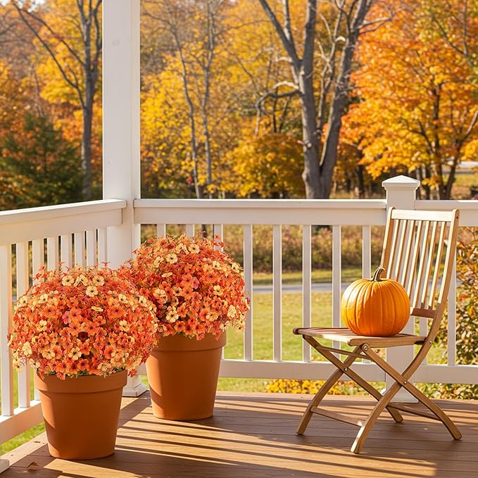 AmyHomie 16 Bundles Artificial Fall Yellow Orange Flowers with Eucalyptus UV Resistant Fake Mums, No Fade – Outdoor Fall Decor for Garden, Porch, Window