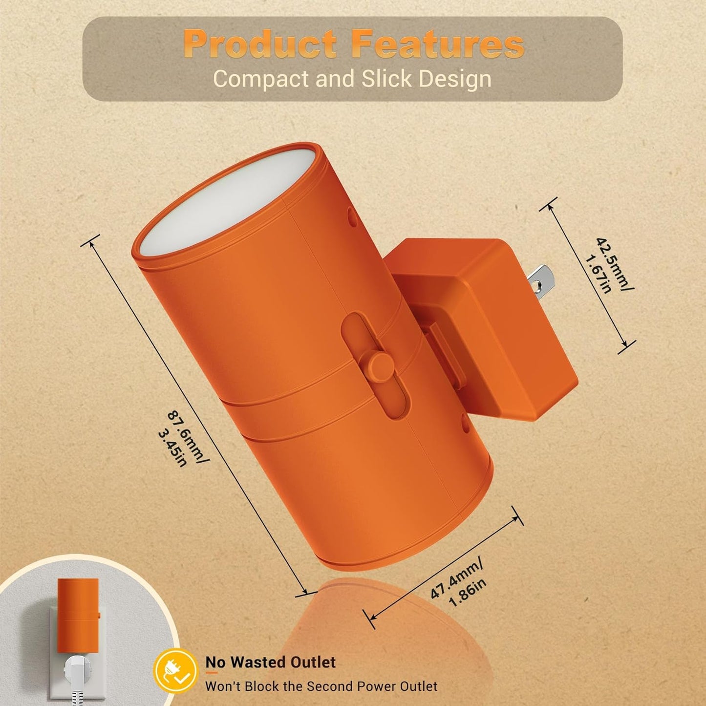 JandCase Night Lights Plug into Wall, Dimmable Night Light Plug in with Orange Shade, Modern Night Lights with Dusk to Dawn Sensor, Soft White 3000K, 0-100LM Nightlight for Hallway Bedroom, 2 Pack