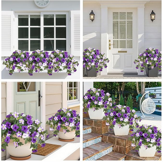 Artificial Fake Flowers Plants for Spring Summer Decoration,2 Pcs No Fade Faux Petunias,UV Resistant Realistic Silk Flowers,for Home Garden Balcony Yard Porch Deco (Purple White)