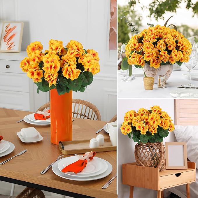 Hananona 12 Pcs Artificial Geranium Flowers for Outdoors Geranium Silk Yellow Flowers Outdoor UV Resistant Garden Plants Faux Fall Flower for Home Kitchen Table Centerpieces Decor (12, Yellow)