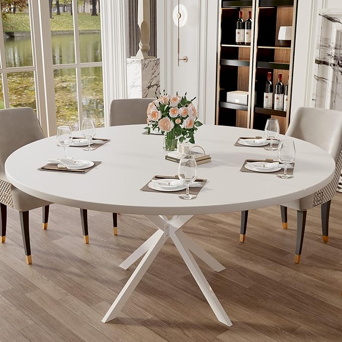 47.24" Round Dining Table, Modern Dining Room Table for 4-6 Person, Wood Round Kitchen Table with Metal Legs, Round Coffee Table for Home Dining Room Living Room (White)