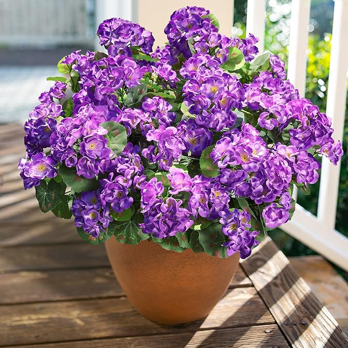 Artificial Geranium Fake Flowers for Outdoors Decoration, 6 Bundles Silk Geraniums Flower UV Resistant Look Real Faux Plants for Outside Planter Front Door Garden Patio Balcony Yard Home, Purple
