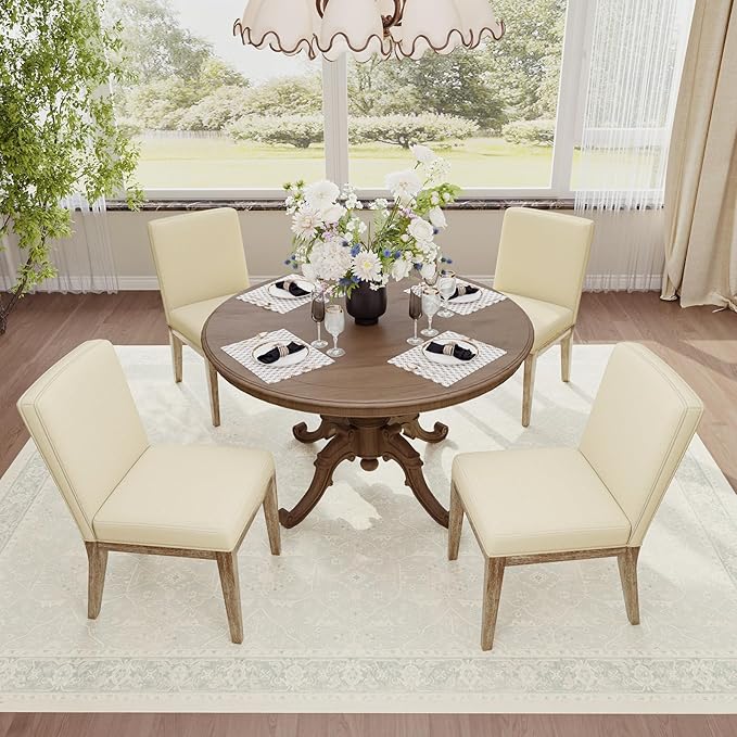 Wooden Dining Chairs Set of 4, Modern Fabric Upholstered Dining Room Chair, Kitchen Side Chairs, Farmhouse Dinner Chair with High Back for Kitchen, Beige